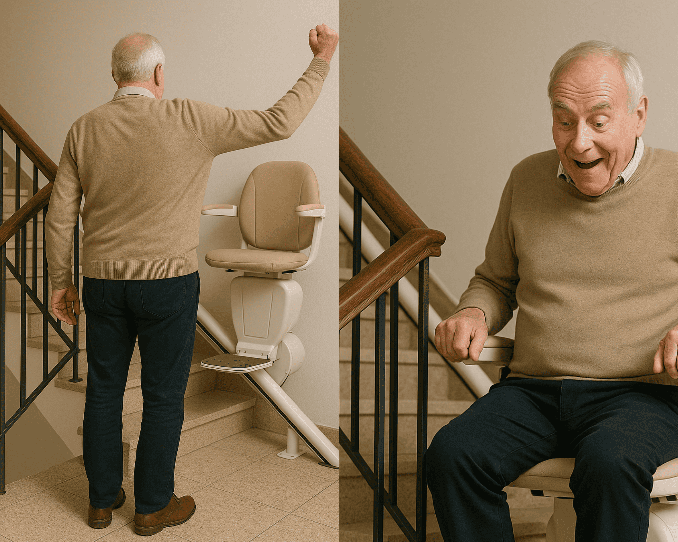 l'immagine rappresenta un signore felice per la sua sedia per scale elettrica