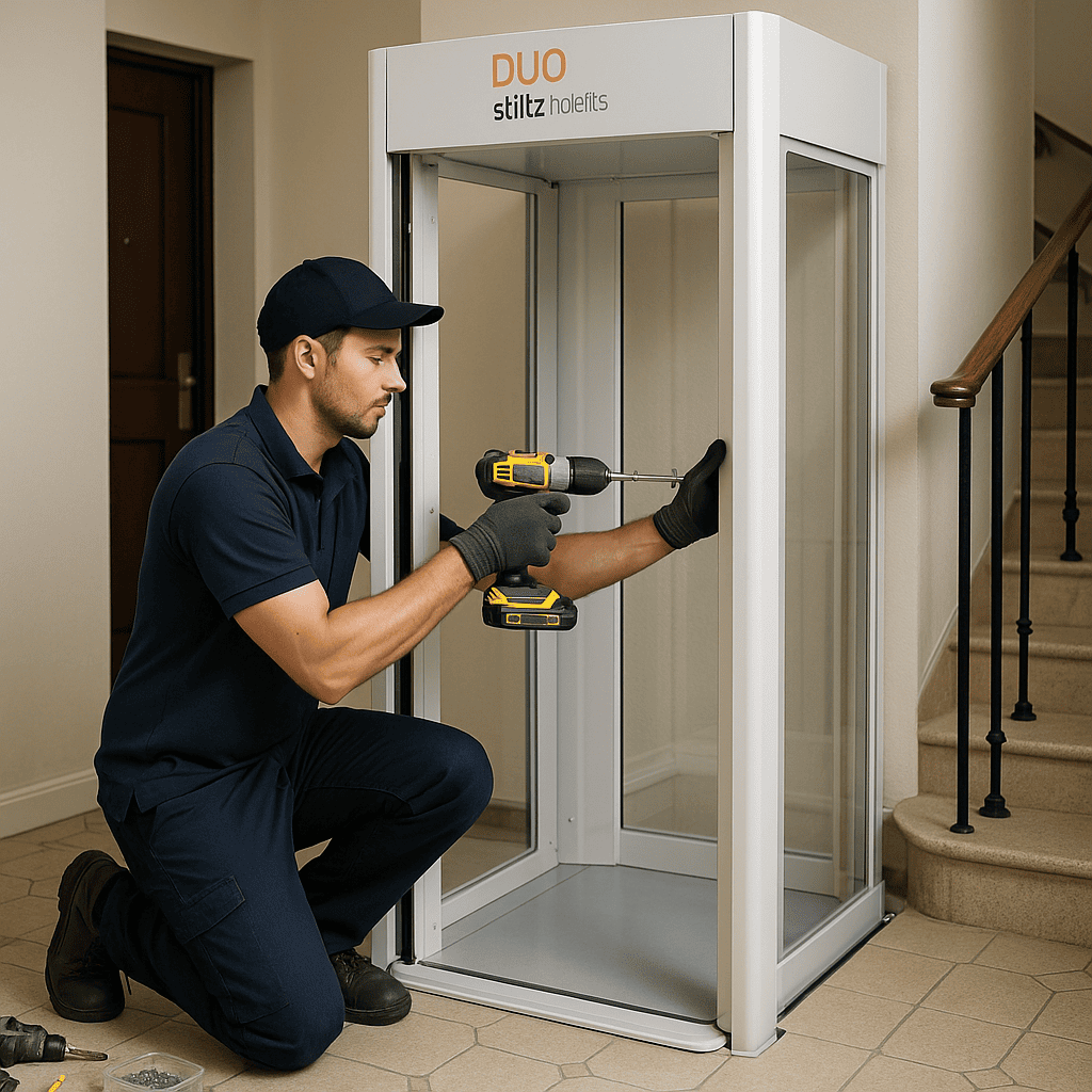 l'immagine rappresenta un tecnico che monta un miniascensore per interni di Stiltz